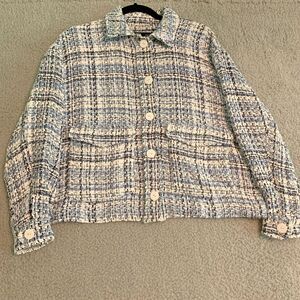 ZARA Textured Weave Button Shirt Jacket Blue/Black/White  Boho Shacket Size XS